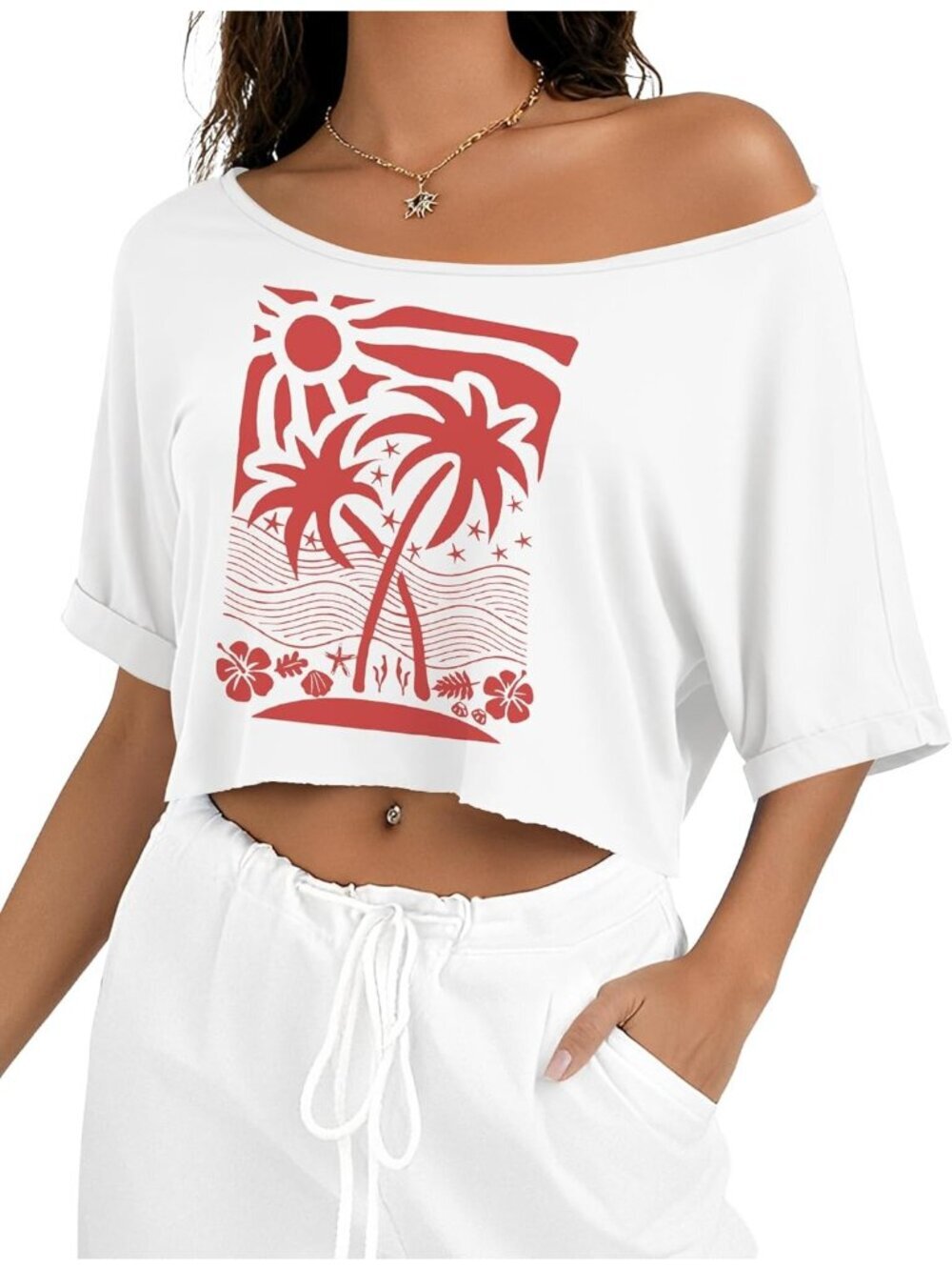 Womens Coconut Tree Print Short Sleeve Off The Shoulder Boat Neck Loose Crop Top